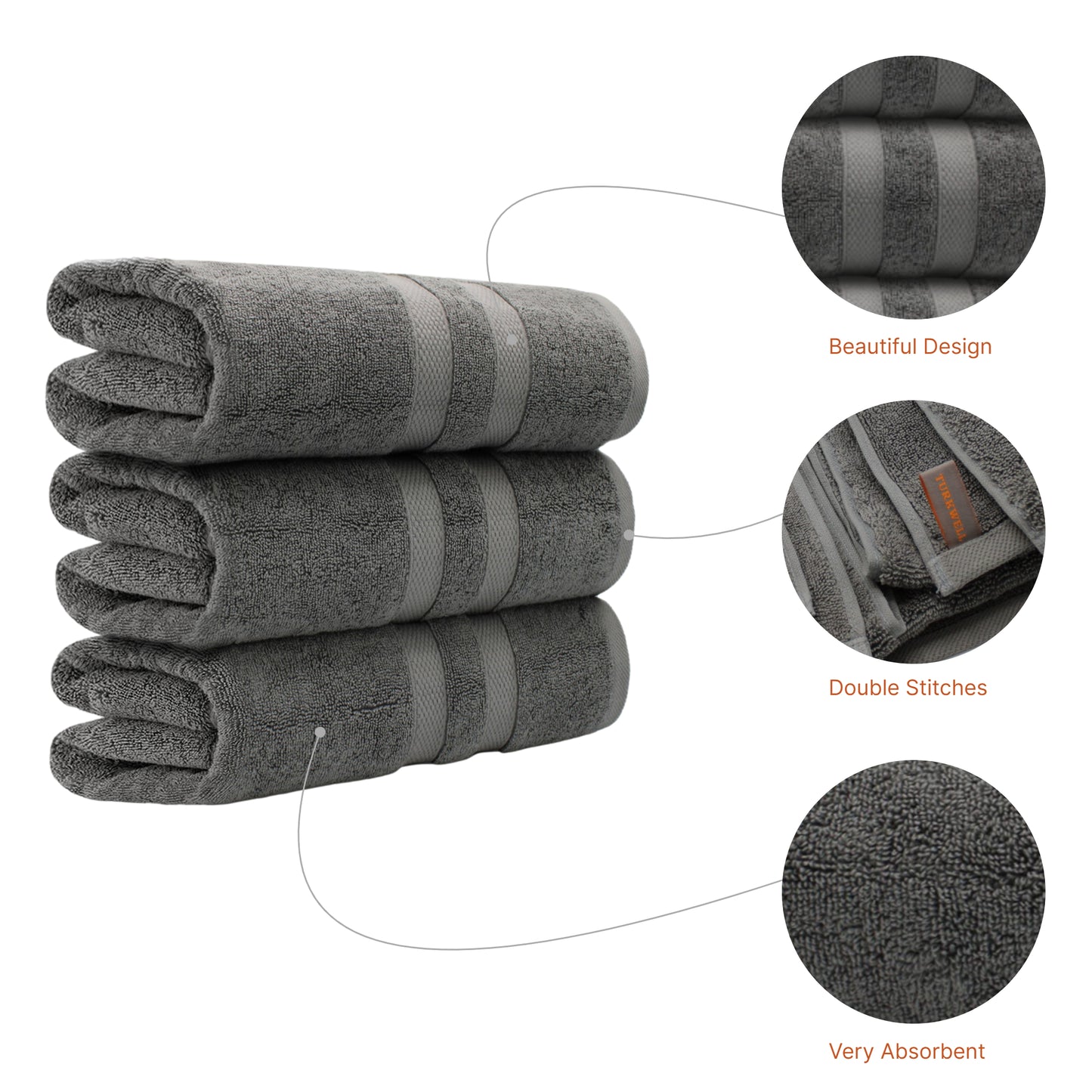 Turkwell Luxury Bath Towels Set, 100% Combed Cotton, 27x54 in, Gray Bath Towel Set of 3